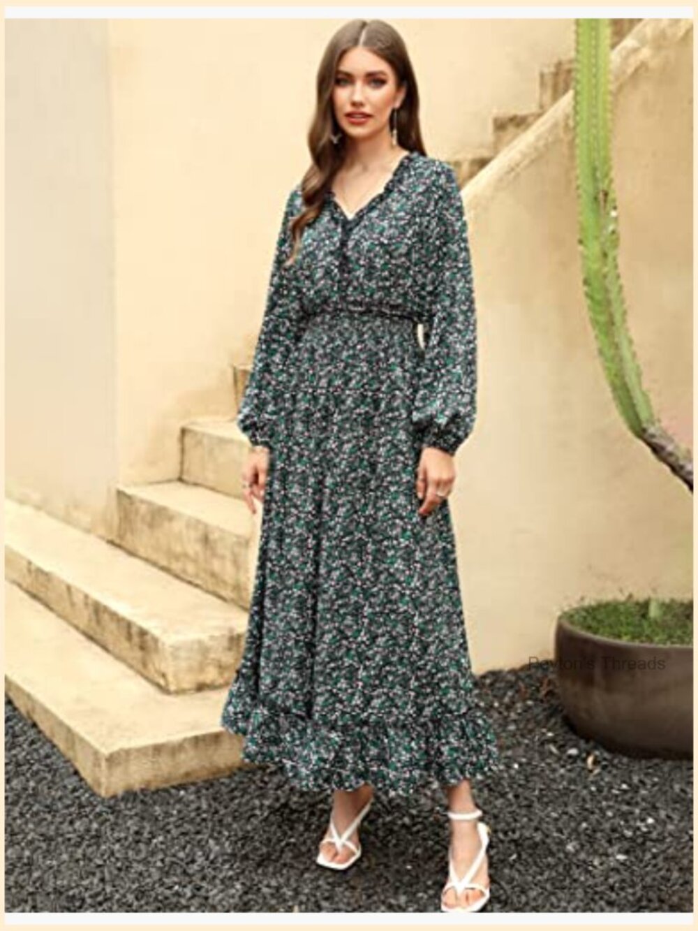 V Neck Boho Floral Print Wedding Guest Maxi Dress Bohemian Flowy - Picture 5 of 7